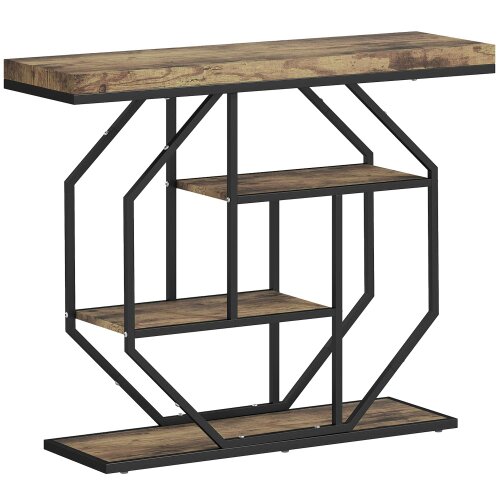 Wyld Haus Reello Metal And Wooden Rustic Brown 4 Tier Industrial Console Table
