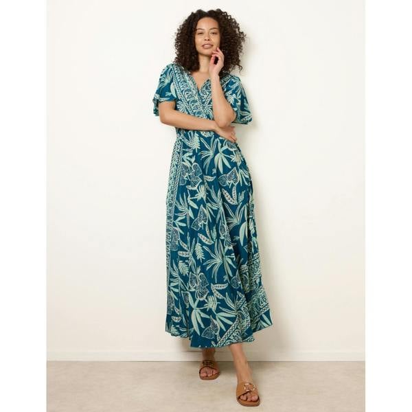 Blue Vanilla Wrap Over Angel Sleeve Shirred Maxi Dress