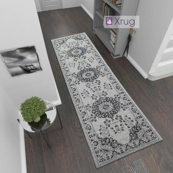 Oriental Rug Runner 100% Cotton Natural Hallway Carpet Washable Natural Woven Mat - 75x300cm - Grey Black Runner