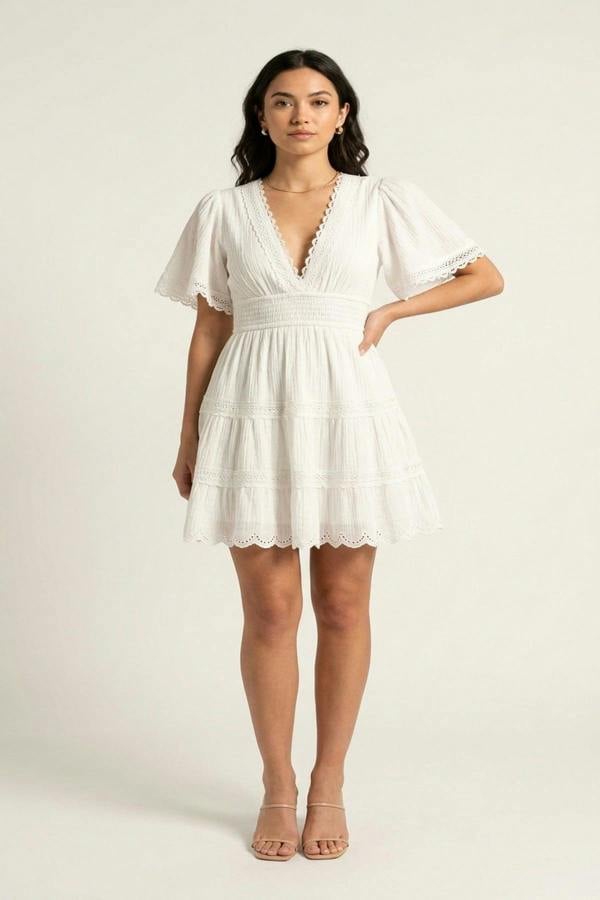 Serina Short Sleeve Deep V-neck Mini Dress With Open Back And Lace Trim - White