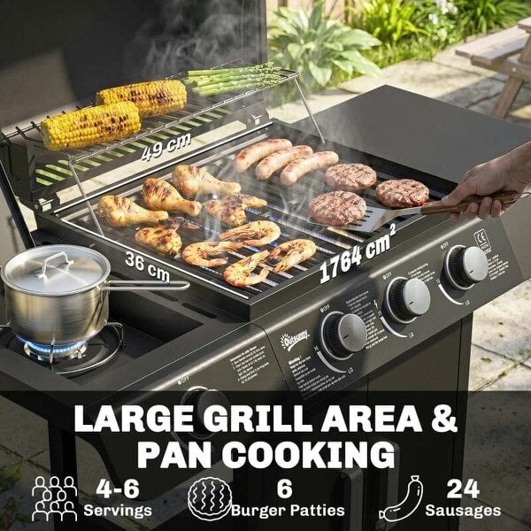 Bobobiy 3+1 Burner Gas BBQ Grill, Outdoor Barbecue Trolley with Wheels, Warming Rack, Side Shelves, Cabinet, Thermometer, 110W x 50D x 100Hcm, Black