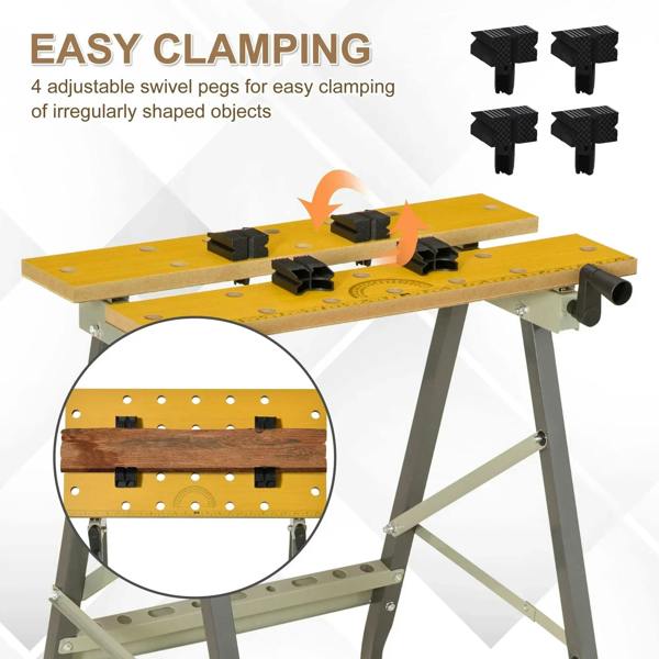 Folding work bench clamp table with four adjustable swivel pegs on the yellow work surface