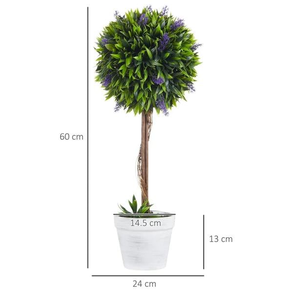 Artificial ball tree plant with green foliage and purple lavender-like flowers in white pot