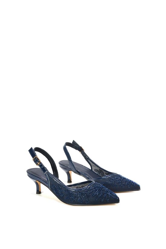 XY LONDON Embroidered Slingback Court Shoes With Kitten Heel