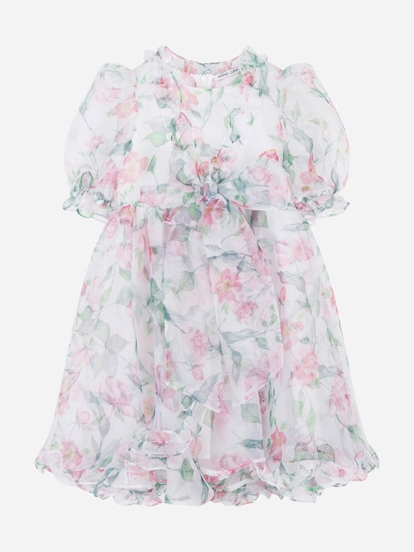 Mama Luma Girls Organza Ruffle Rose Dress in White