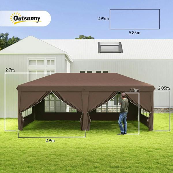 Brown pop-up canopy with open side curtains and window panels; outdoor garden setting