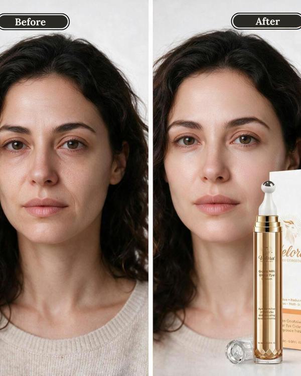 Before and after skincare comparison of a woman's face, after using Velora Under Eye cream. It shows moisturised and hydrated under eyes