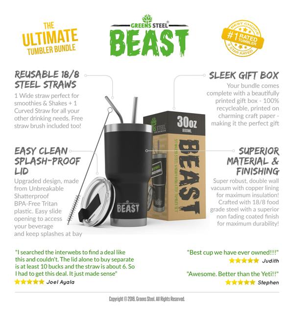 Dyzi 30oz Green Steel Beast Reusable Stainless Steel Double Insulated Coffee Tumbler Travel Mug