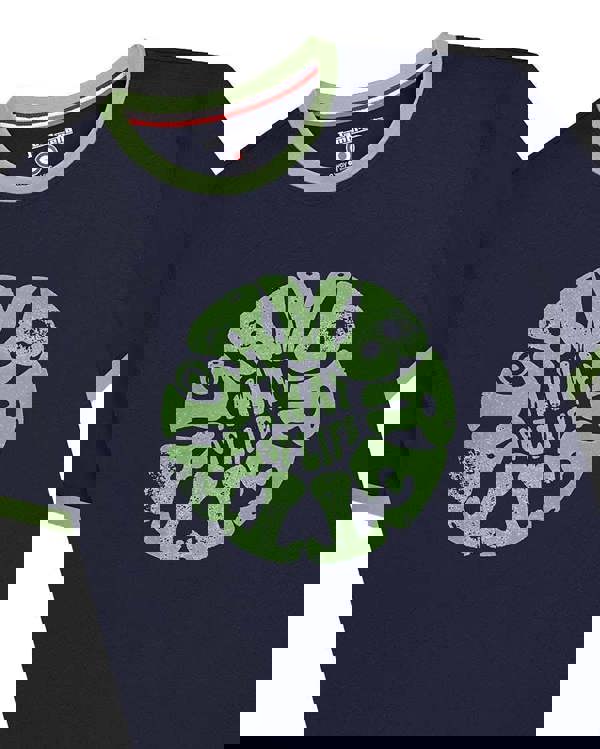 Lambretta Mens Festival Ringer Casual Retro Soul SKA T-Shirt, navy blue t-shirt with a green collar and sleeve trim featuring a circular graphic with the phrase 'Groove on Any of Life' in vintage style font.