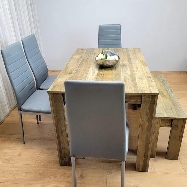 Kosy Koala Modern Rustic Dining Table Set ? Wooden Table with 4 Grey Chairs and Bench - Dining Furniture Set