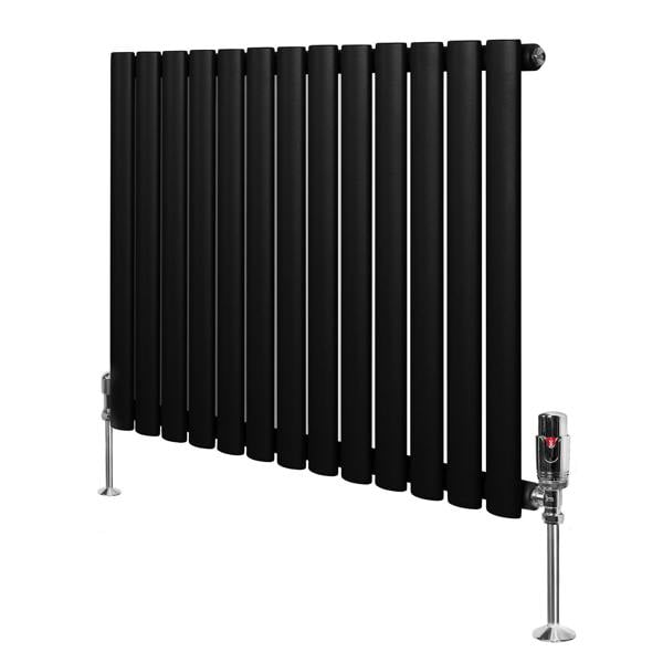 Sleek black oval single column radiator with polished chrome valves, measuring 600mm x 780mm, ideal for modern interiors