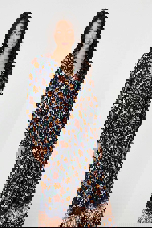 Navy | Floral Border Print Smocked Maxi Dress
