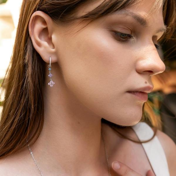 Spero London Pastel Clovers Pave Blue Purple Pink Drop Earrings