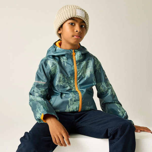 Regatta Kids Lever II Printed Waterproof Jacket - Stormy Weather/Glacier/Bright Marigold