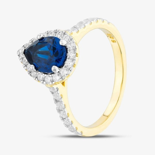 T. H. Baker Silver Gold Plated Blue Pear Cut Cubic Zirconia Shoulder Set Halo Ring S2183Y
