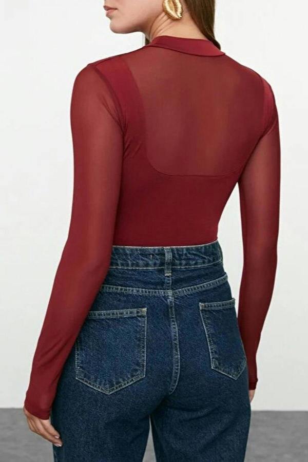 WOVCOR Tulle Detailed Stand-Up Collar Knit Bodysuit
