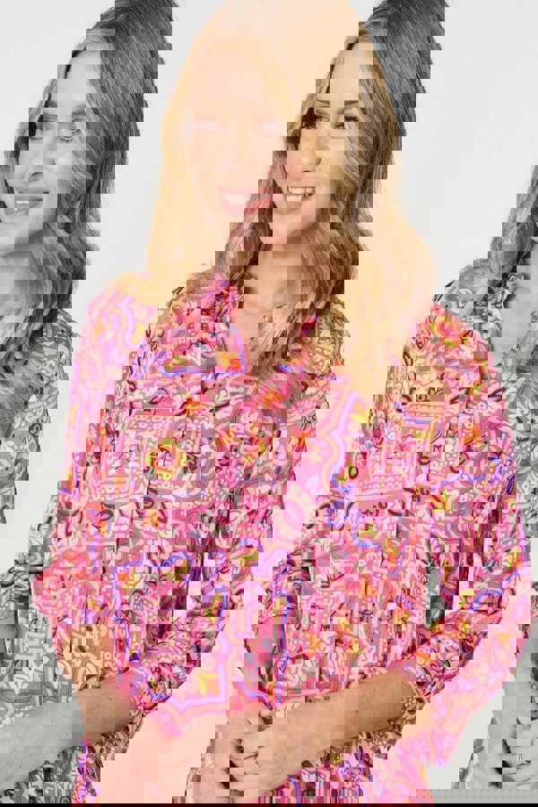 Pink | Mosaic Print 3/4 Sleeve Longline Blouse
