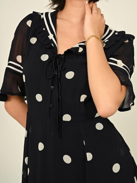 Rose & Nancy Audrey Navy Polka Print Collar Detail Maxi Dress