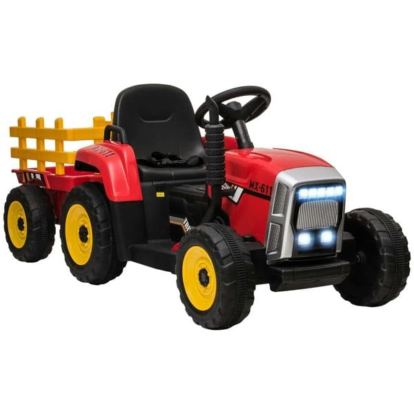 Red battery ride-on tractor with detachable yellow trailer, black seat and lit headlight
