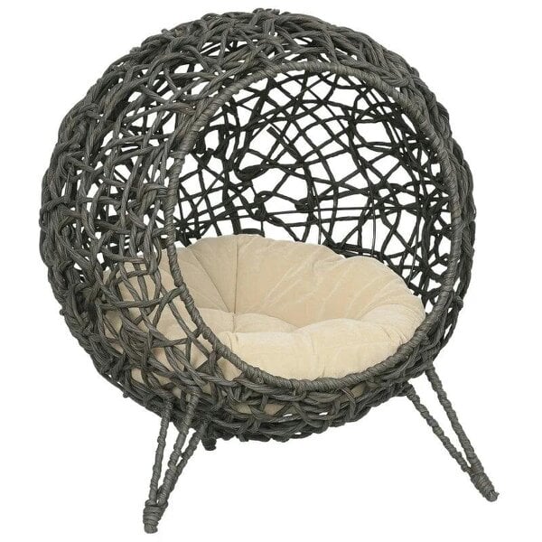 Raised Rattan Cat House, with Cushion - Silver-Tone & Grey