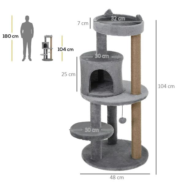 Grey plush cat tree tower with round platforms, enclosed condo, and scratching post