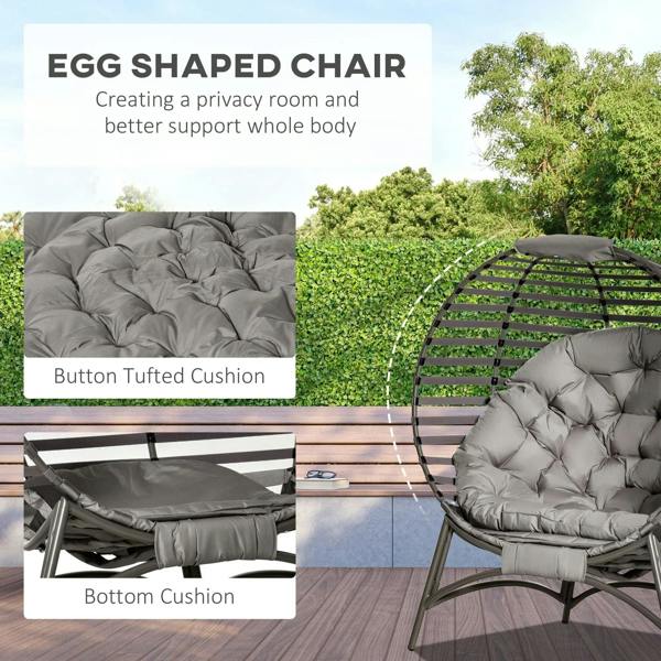 Egg shaped chair with gray button-tufted cushion on outdoor frame
