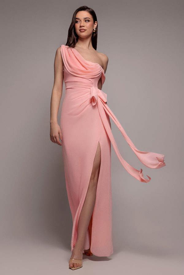 One Shoulder Cowl With Bow Detail Maxi Dress - Blush Pink DR4606