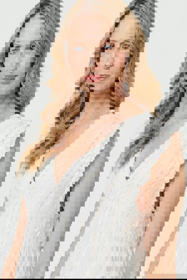 White | Metallic Striped Texture Short Dress
