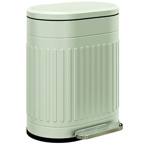 Light green metal kitchen bin with soft-close lid and step pedal base