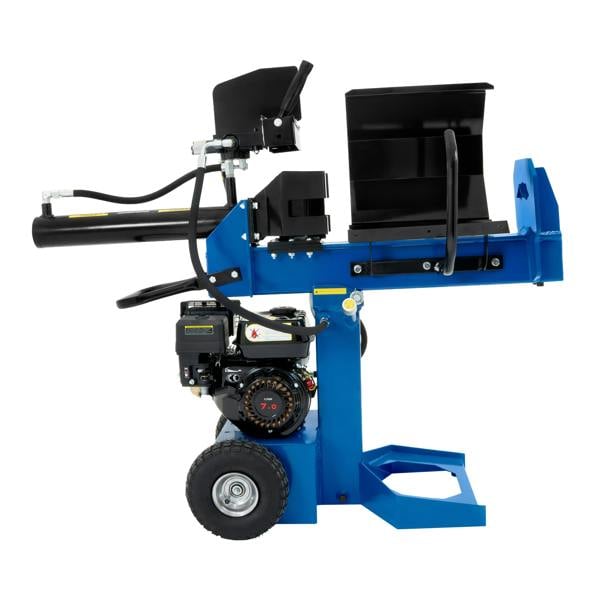 15T Log Splitter in bright blue with a sturdy frame, large wheels, and a powerful engine for efficient wood splitting