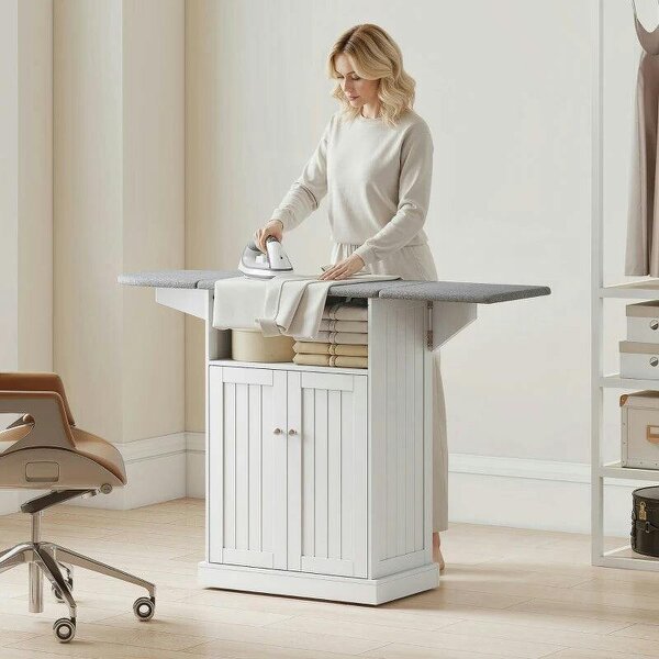 Ironing Board Cabinet on Wheels with Foldable Top, Mobile Storage Cabinet with Ironing Board, Open Compartment, White