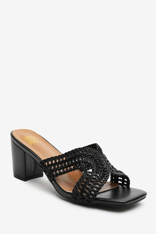 Where's That From Summer Woven Strap Block Heel Slides in Black Faux Leather