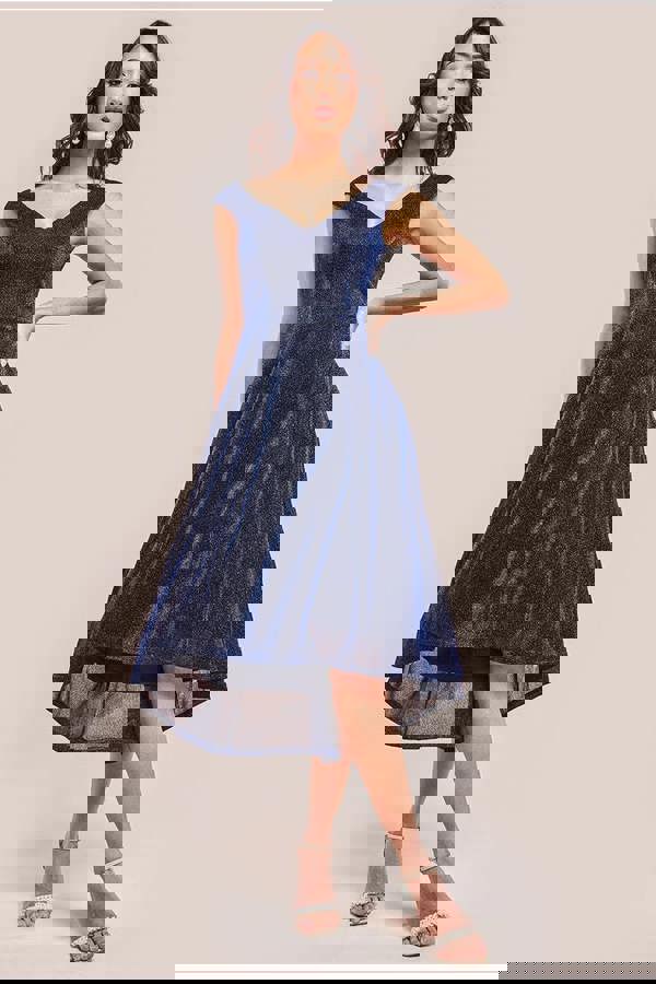 Off The Shoulder Lurex High Low Dress - Navy DR3642