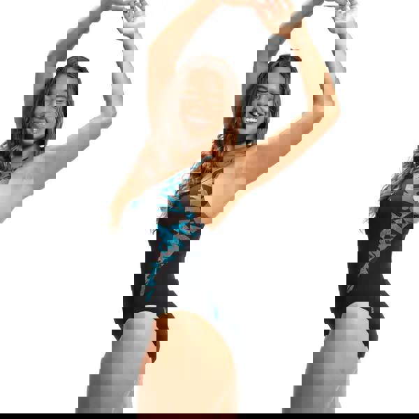 Speedo Hyperboom Splice black one-piece swimsuit with teal geometric pattern and muscleback design