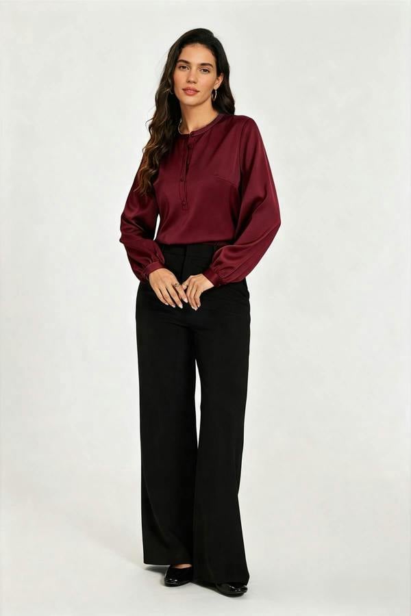 FS Collection Long Sleeve Satin Blouse Top In Wine