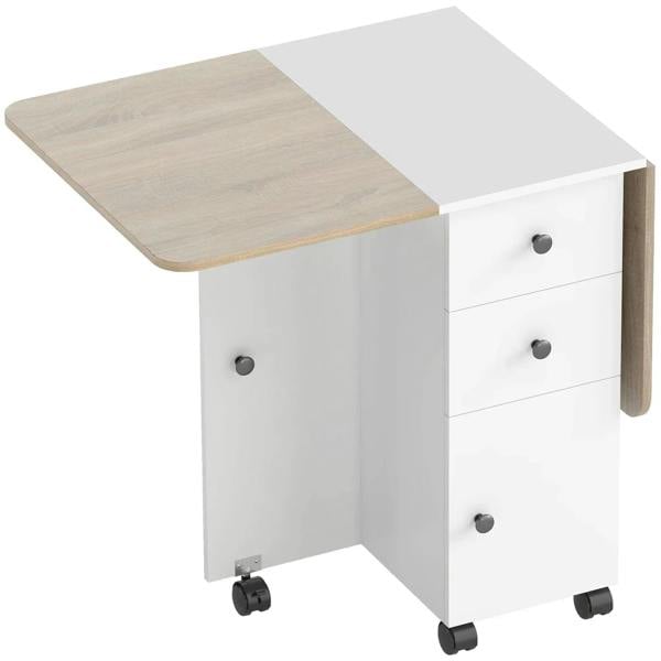 White and oak drop-leaf dining table cart with drawers, cabinet, and locking wheels