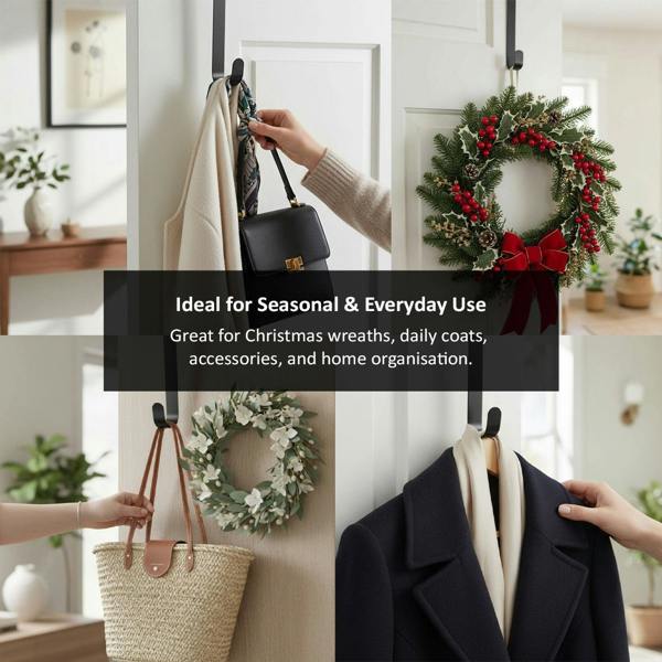 Grey metal wreath hook over a door, shown holding a coat, handbag, scarf, and seasonal wreaths in a bright, modern interior to highlight it's versatility
