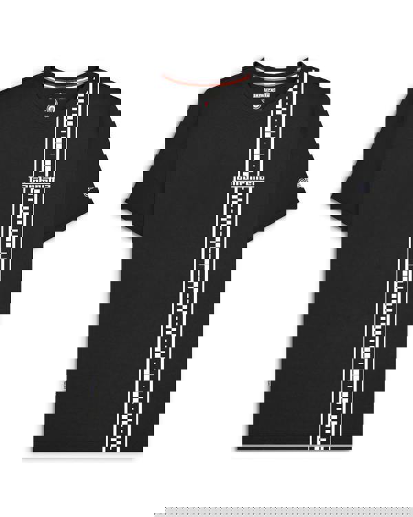 Lambretta Mens Two Tone Stripe Classic Mod Ska Casual Smart T-Shirt, black T-shirt with white and black striped, checkered pattern running vertically down the front and Lambretta logo in the center.