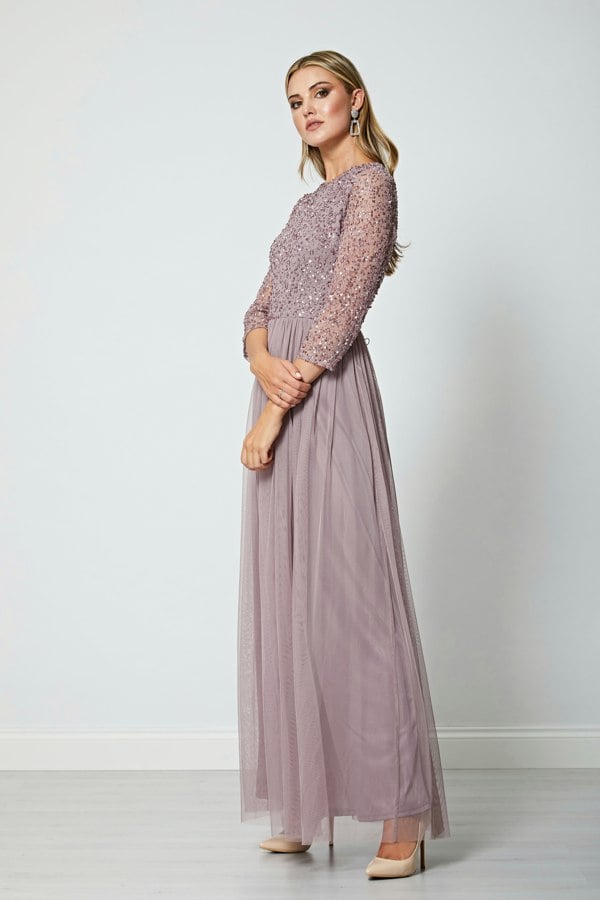 Embellished Sequin Long Sleeve Maxi Dress in Lavender - ANGELEYE