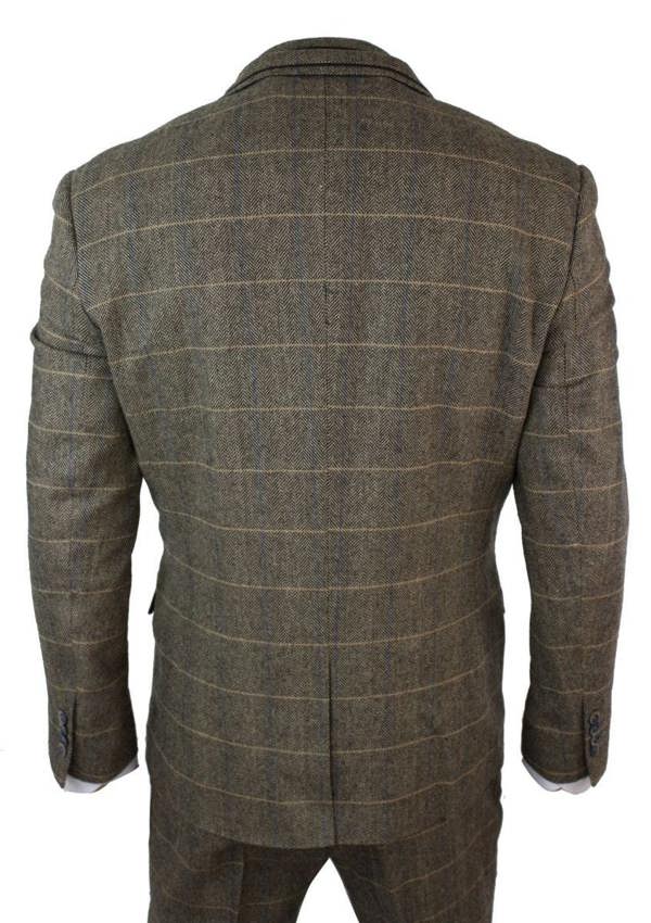 House of Cavani Mens 3 Piece Tan Brown Check Tweed Herringbone Vintage Classic Suit