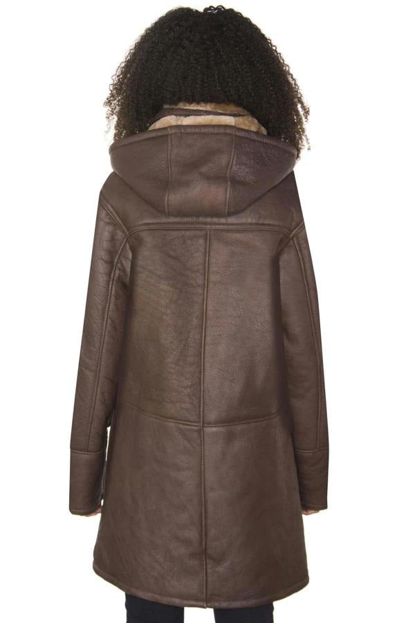 Infinity Leather Womens Brown Hooded Sheepskin Leather Duffle Coat-Charlotte