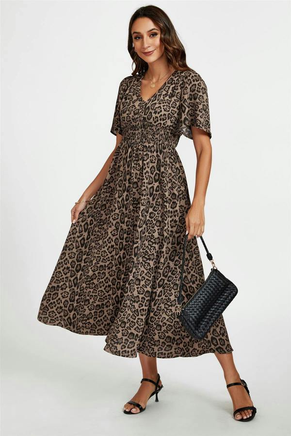 FS Collection Leopard Print V Neck Midi Dress In Brown