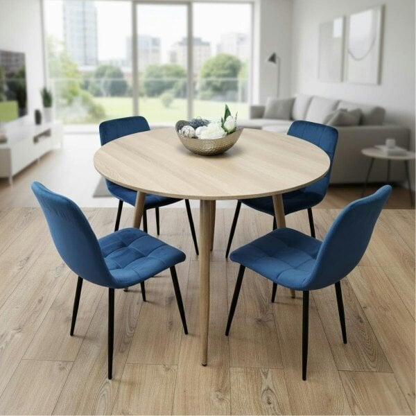 Kosy Koala Modern Round Dining Table Set With 4 Blue Velvet Chairs Dining Room Furniture