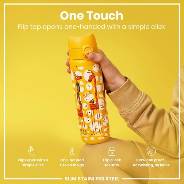 A yellow, giraffe-patterned water bottle is held; its flip top opens one-handed. The bottle is slim stainless steel, leakproof, and features a triple lock security.