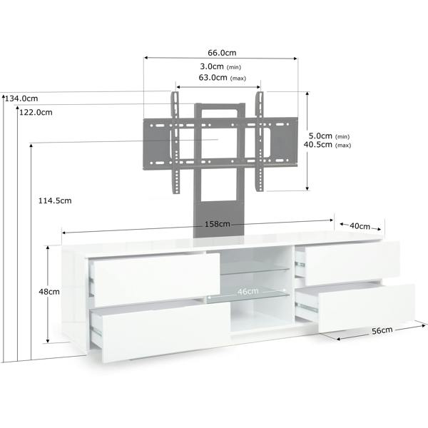 Homeology Avitus Gloss White with 4-White Drawers and 3-Shelves up to 65" LED, LCD, Plasma TV Stand with Mounting Arm