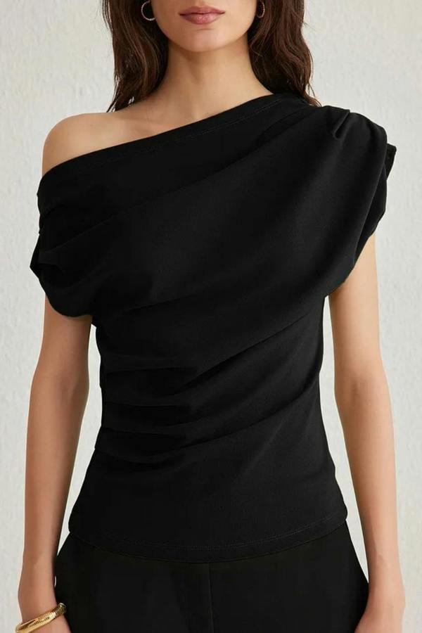 Hoxton Gal Draped, Gathered Detail Knit Blouse with Asymmetric Neckline