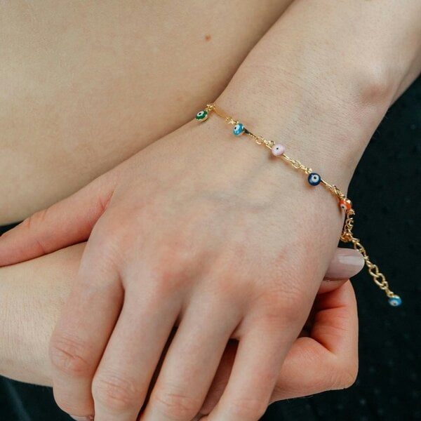 The Colourful Aura Silver Plated Dainty Evil Eye Protection Charm Beaded Dangly Adjustable Bracelet