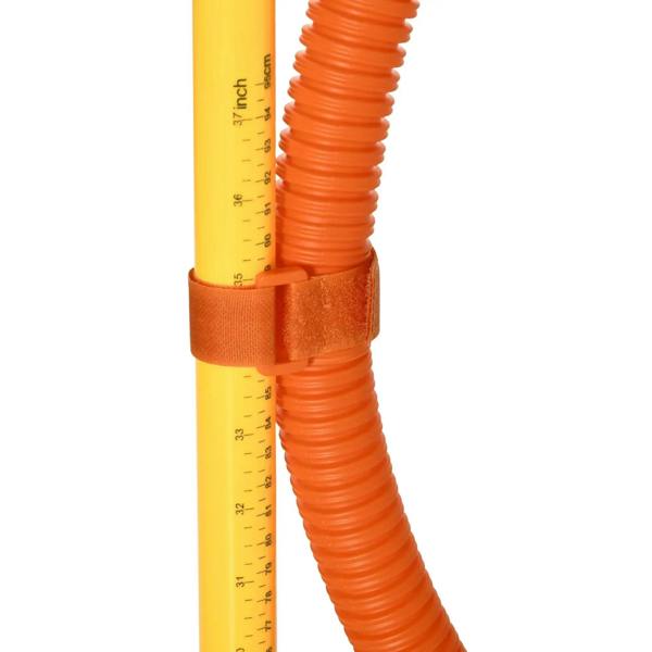 Yellow height measurement pole with orange coiled adjuster and fabric strap