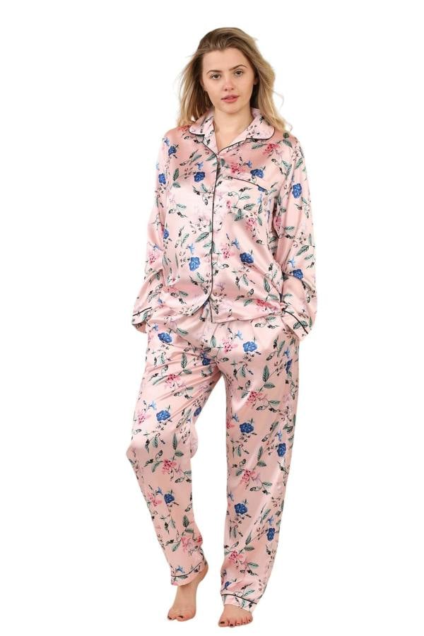 Luxury Satin Floral Pyjama Set – Long Sleeve, Button-Up & Pockets