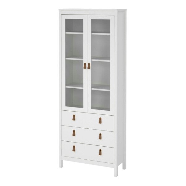 Wyld Haus Wildberry Matt White Wooden China Cabinet 2 Glass Doors 3 Drawers Leather Handles